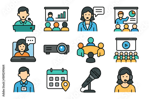 Business presentation icons featuring people, technology, and communication.