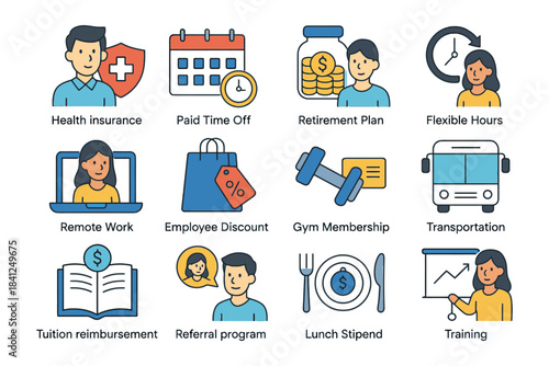 Employee benefits concept: health insurance, flexible hours, remote work, tuition reimbursement, training.