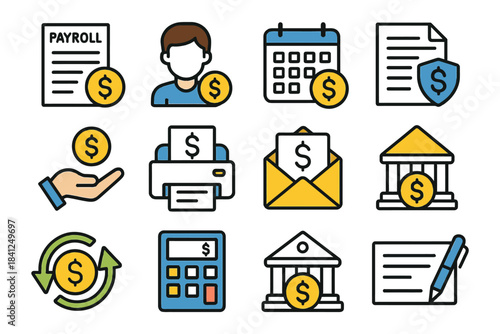 Financial management icons: payroll, banking, transactions, currency, calendar.