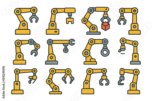 Diverse industrial robotic arms collection for automation and manufacturing.