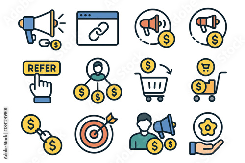 Digital marketing icons: referral, shopping cart, affiliate links, target, megaphone, currency.