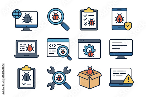 Bug detection and software analysis icons: magnifier, checklists, and computers.