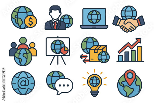 Global business icon set featuring world globe, and business elements.