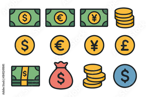 Colorful currency icons featuring dollar, euro, yen, pound symbols in coins and bills.