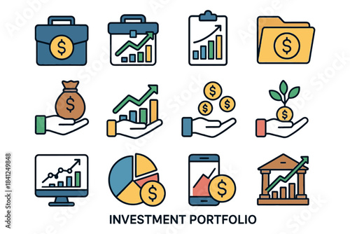 Financial growth icons: investment, savings, portfolio management graphics.