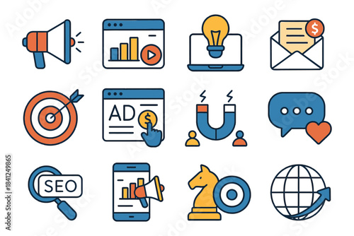 Digital marketing elements: seo megaphone analytics lightbulb target email smartphone.