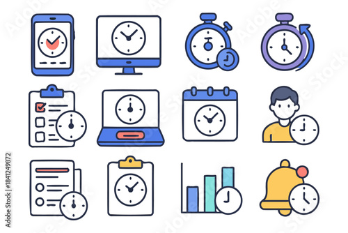 Time management icons: clock, stopwatch, calendar, charts.