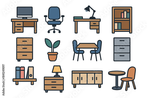 Office and home furniture icons collection with desks, chairs, and shelves.