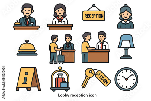 Cartoon hotel lobby icons: reception, staff, guests, bell, key, luggage, lamp, clock.