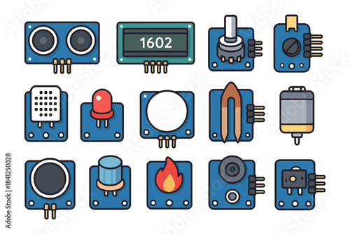Assorted electronics module set with sensors, display, and actuators.