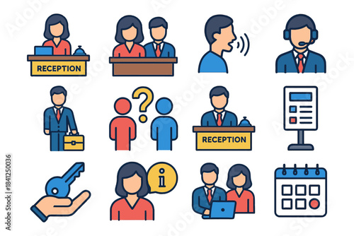 Hotel reception and customer service icons with diverse male and female figures.