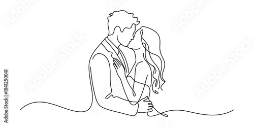 Minimalist one line drawing of couple kissing in embrace