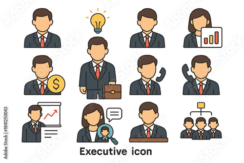 Business icons set featuring male and female executives with graphs and phones.
