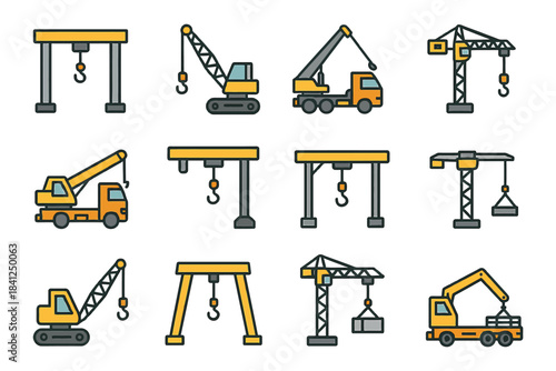 Construction equipment icons: cranes, excavators, lifting machinery illustrations.