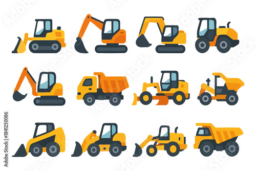 Colorful construction vehicles illustrations: bulldozers, excavators, dump trucks, loaders.