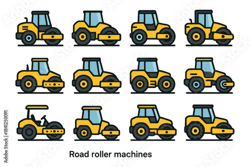 Illustration of various yellow road roller machines in different angles.