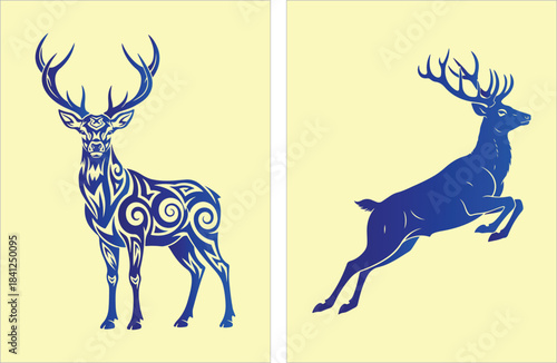 Vector art of two blue deer silhouettes with one jumping and the other standing still on yellow background