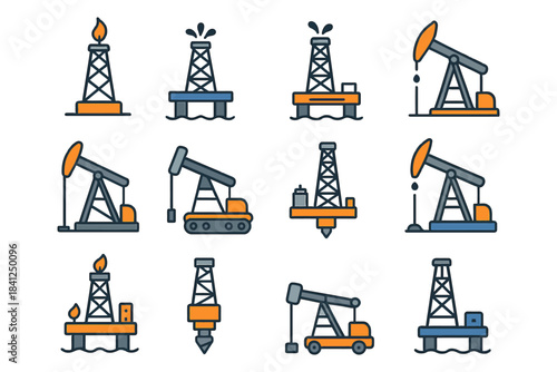 Colorful oil rig icons set representing offshore and onshore drilling platforms.