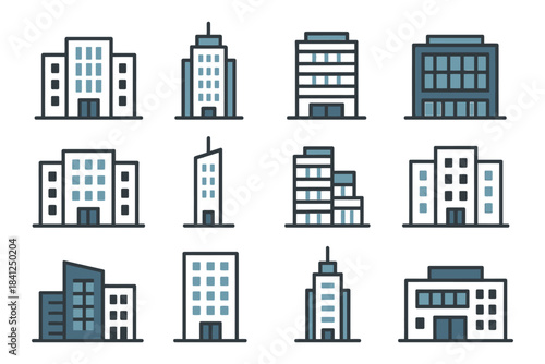 Modern building icons set featuring diverse architectural designs.