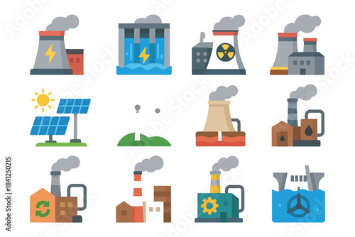 Various types of power plants and renewable energy sources illustrated.