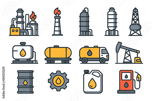 Industrial oil and gas icons set with pipelines and drilling equipment.
