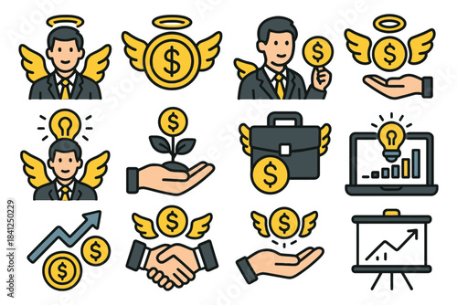 Business success icons: angel investor, growth, financial strategies.