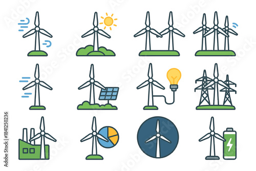 Wind and solar energy icons set for renewable power and sustainability concepts.