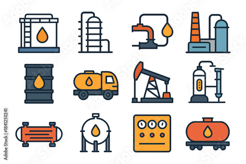 Oil industry equipment icons set: tanks, pumps, trucks, and pipelines.