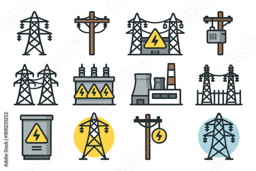 Electric power infrastructure icons featuring utility poles and power plants.