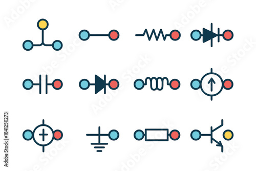 Various electronic circuit symbols for educational and technical use.