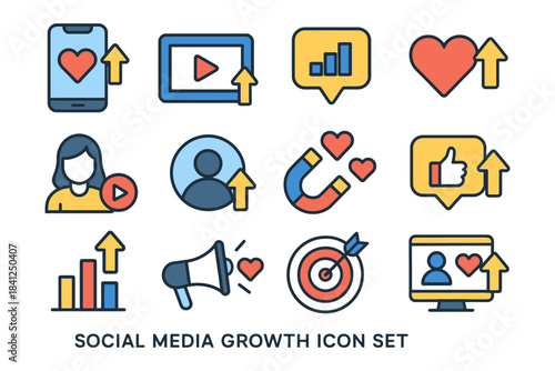 Social media growth icon set: engagement, analytics, and marketing symbols.