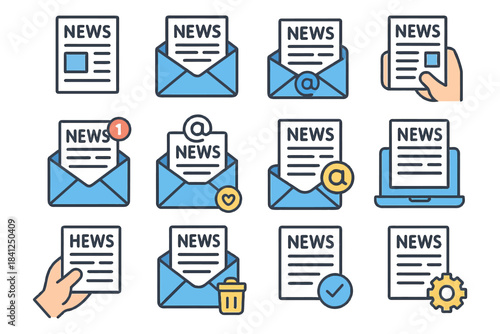 Vector icon set of newspaper illustrations featuring envelopes and digital delivery symbols.