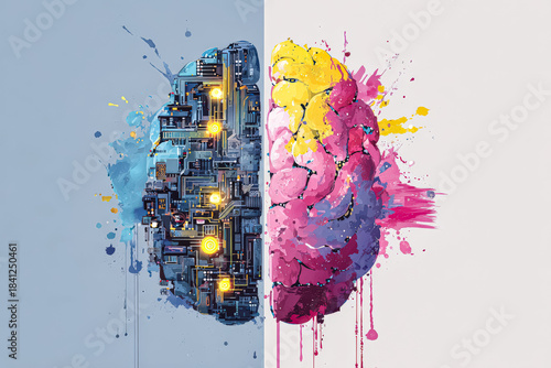 Half artificial intelligence brain with chips and circuits, half human brain. Concept of man machine integration and hybrid intelligence.