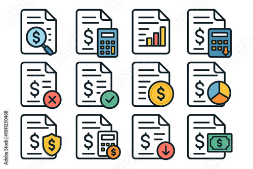 Finance and budget management icons set with calculator and documents.