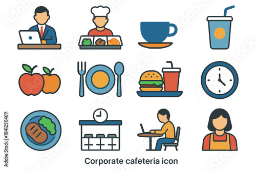 Corporate cafeteria icons: food, drinks, dining settings, diverse activities.