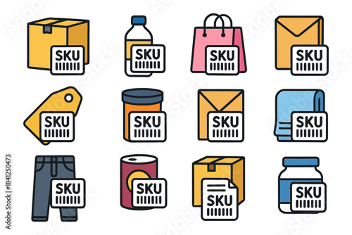 Barcode labels on various retail products including clothing and beverages.