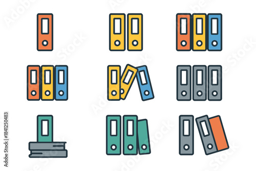 Colorful file binders and books set in various arrangements and designs.