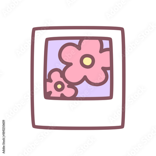 Cute polaroid icon. Mini instant photo showing floral motif, vintage-style snapshot in pastel palette. Kawaii sticker. Vector 10 EPS.