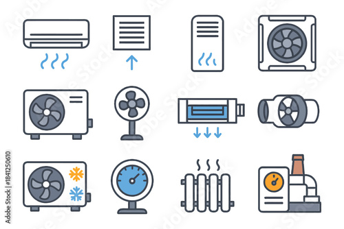 Hvac equipment icons: air conditioner, fan, heater, thermostat, ventilation systems.