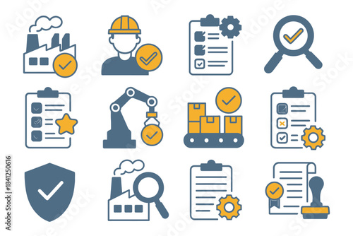 Industrial and manufacturing icons featuring quality control and automation elements.