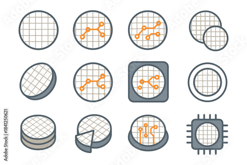 Collection of semiconductor wafer and microchip illustrations.