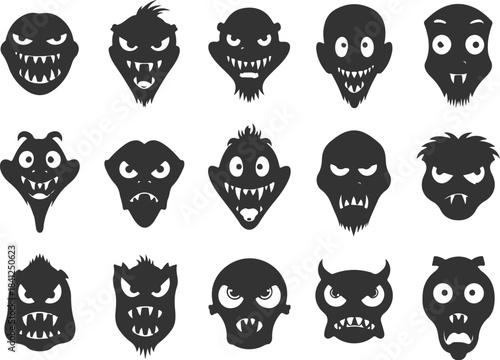 Vector art of collection of various creepy monster faces in black silhouette on for halloween or horror design