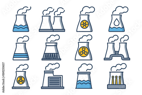 Various industrial cooling towers with smoke emissions and diverse designs.