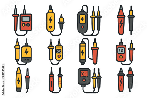 Colorful cartoon multimeters and testers illustration with probes.