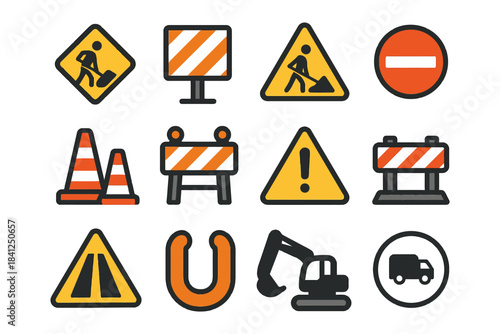 Construction and roadwork icons set with safety and warning signs.