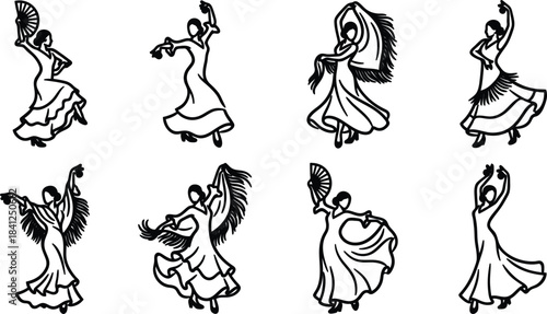 Illustrations of dancers in traditional dresses performing