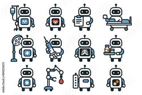 Cartoon medical robots performing various healthcare tasks.