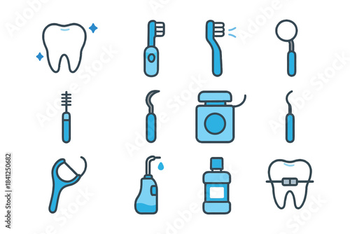 Dental care icons: toothbrush, floss, mouthwash, mirror, tooth.