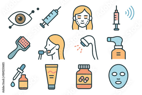 Skincare and beauty routine icons featuring female face, serums, cleansers, and masks.