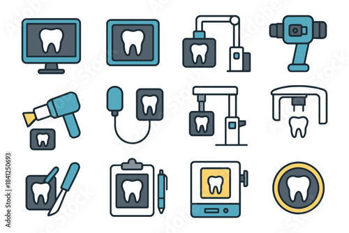 Dental x-ray equipment icons set: monitors, scanners, tools.
